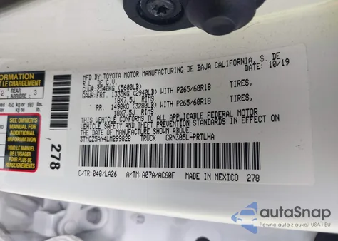 2020 Toyota Tacoma Limited z USA, uszkodzony, nr VIN 3TMGZ5AN4LM299828